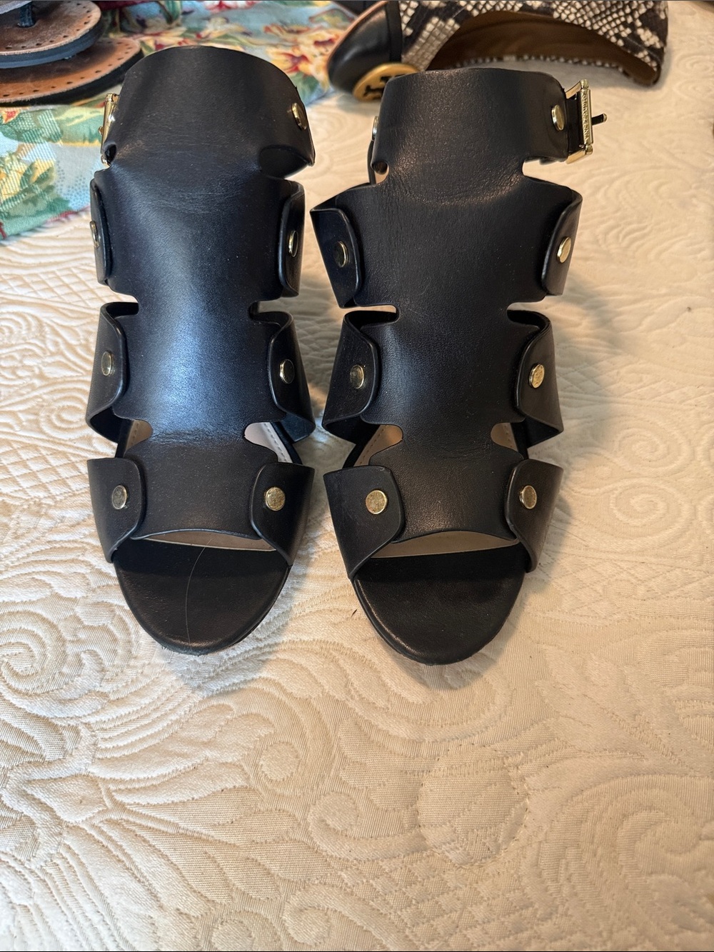 Vince Camuto Black Stud-Detail Cutout Leather Sandals